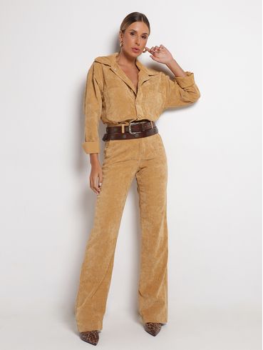 Calça Veludo Wide Leg Feminina CAQUI