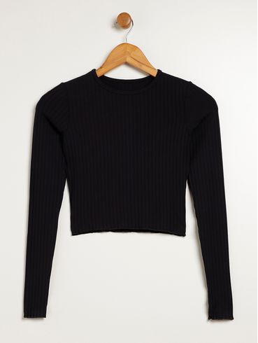 Blusa Cropped Manga Longa Juvenil Para Menina - PRETO