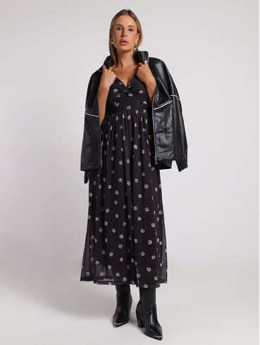 Vestido Tule Longo Manga 3/4 Autentique Feminino PRETO
