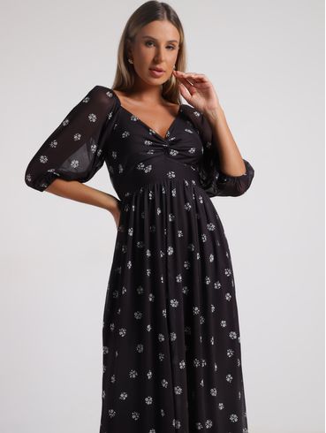 Vestido Tule Longo Manga 3/4 Autentique Feminino PRETO