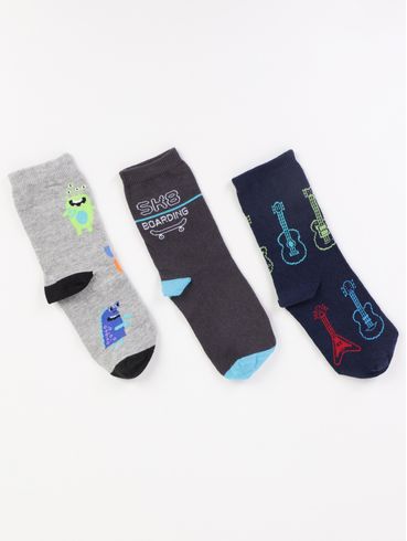 Kit com 03 Meias Selene Infantil Para Menino - MARINHO/MESCLA/PRETO