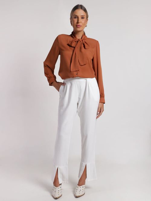 Camisa Crepe Gola Laço Autentique Feminina CARAMELO