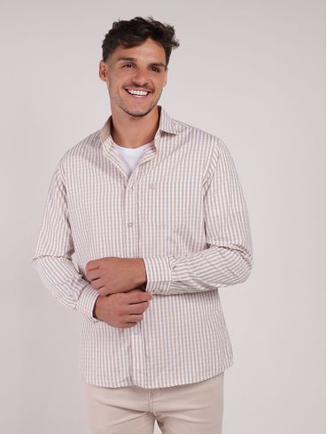 Camisa Manga Longa Xadrez Vilejack Masculina BEGE
