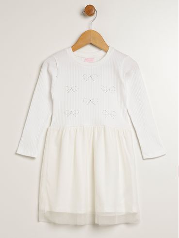 Vestido Canelado Com Tule Infantil Para Menina - OFF WHITE