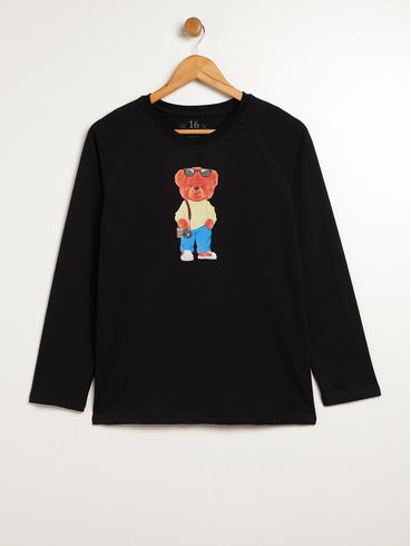 Camiseta Manga Longa Juvenil Para Menino - PRETO