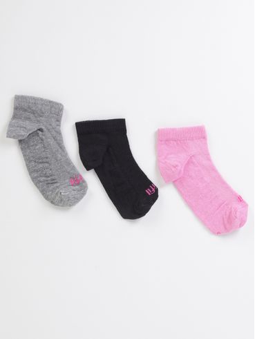 Kit Com 03 Meias Cano Curto Infantil Para Menina - ROSA/MESCLA/PRETO