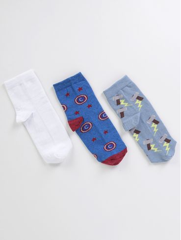 Kit com 03 Meias Infantis Para Menino - AZUL/BRANCO/AZUL CLARO