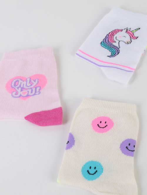 Kit com 03 Meias Selene Juvenil para Menina - BRANCO/BEGE/ROSA