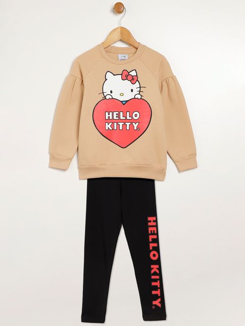 Conjunto Longo Hello Kitty Infantil Para Menina - BEGE