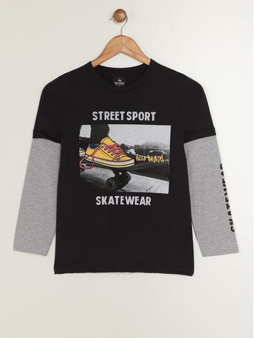 Camiseta Manga Longa Juvenil Para Menino - PRETO