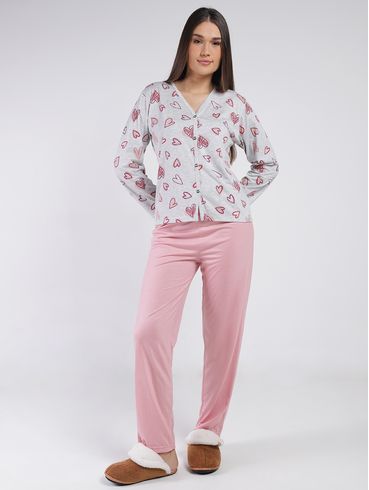 Pijama Longo Americano Feminino MESCLA/CORAL
