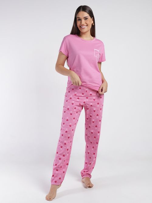 Pijama Longo Meia Malha Feminino ROSA