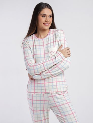 Pijama Longo Xadrez Feminino OFF WHITE/ROSA