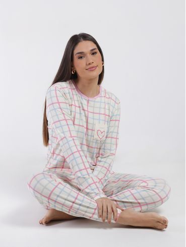 Pijama Longo Xadrez Feminino OFF WHITE/ROSA