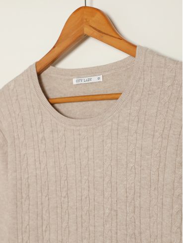 Blusão de Tricot Manga Longa Plus Size Feminino BEGE
