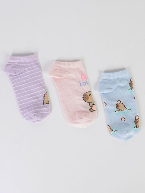 Kit com 03 Meias Selene Femininas ROSA/LILAS/AZUL