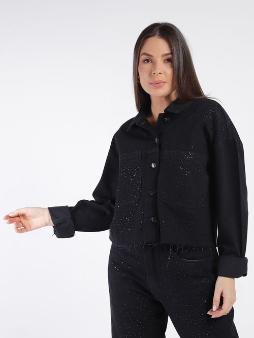 Jaqueta Sarja Cropped Feminina PRETO