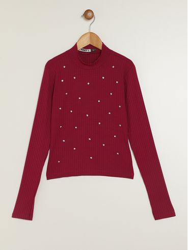 Blusa Canelada Manga Longa Juvenil Para Menina - BORDO