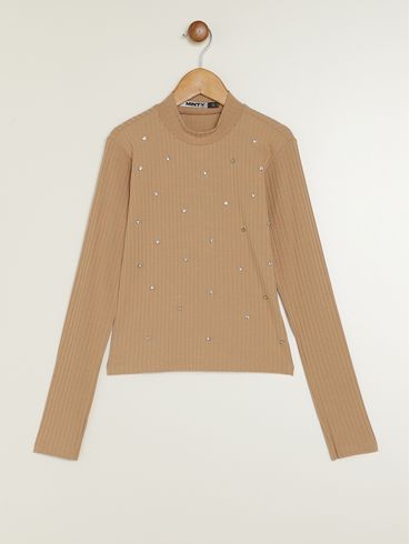 Blusa Canelada Manga Longa Juvenil Para Menina - BEGE
