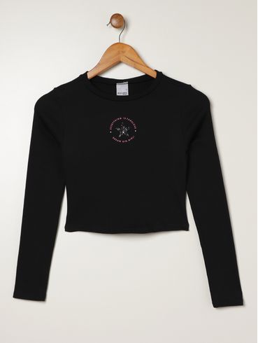 Blusa Cropped  Manga Longa Juvenil Para Menina - PRETO