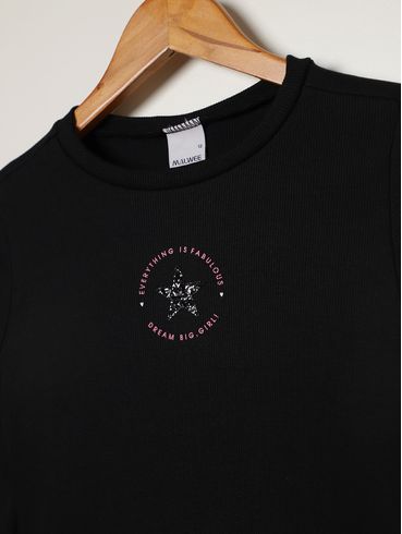 Blusa Cropped  Manga Longa Juvenil Para Menina - PRETO