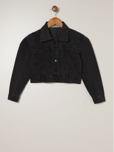 Jaqueta Sarja Cropped Juvenil Para Menina - PRETO