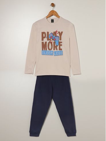 Pijama Longo Juvenil Para Menino - BEGE/MARINHO