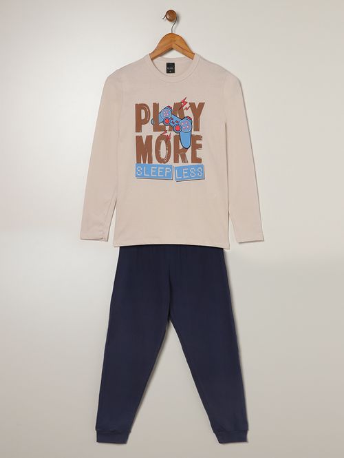 Pijama Longo Juvenil Para Menino - BEGE/MARINHO