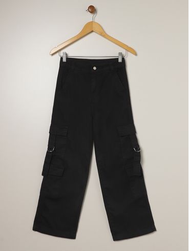 Calça Sarja Wide Leg Cargo Juvenil Para Menina - PRETO