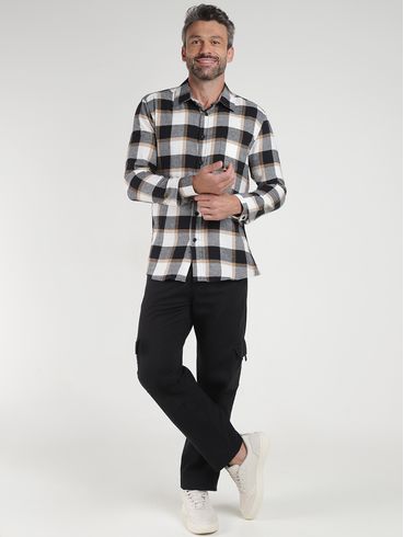 Camisa Manga Longa Xadrez Masculina BEGE/BRANCO/PRETO