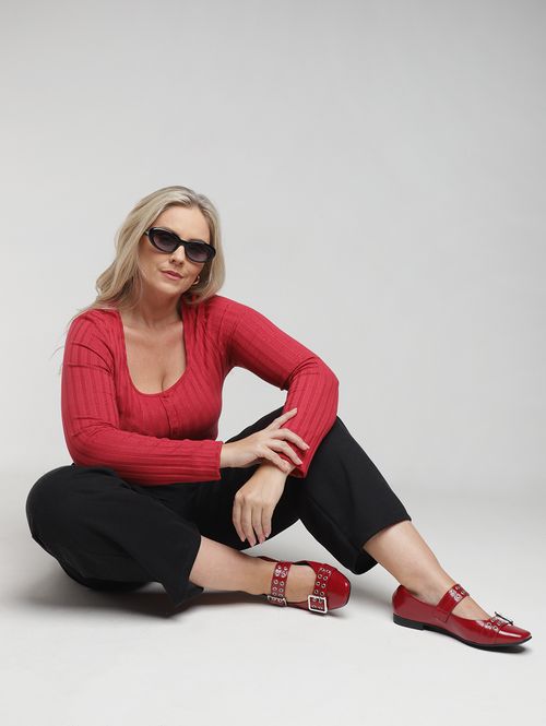 Blusa Canelada Manga Longa Plus Size Feminina VERMELHO