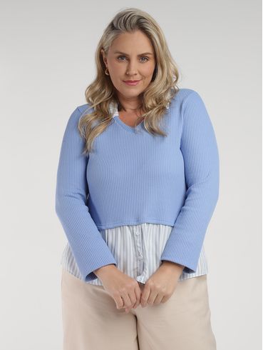 Blusa Manga Longa Plus Size Feminina AZUL CLARO