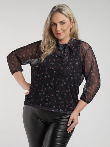 Blusa Tule Manga Longa Plus Size Feminina PRETO