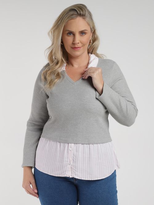 Blusa Manga Longa Plus Size Feminina CINZA