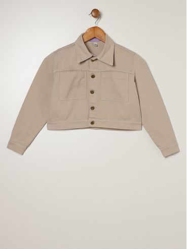 Jaqueta Sarja Cropped Juvenil Para Menina - BEGE