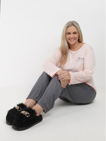 Pijama Longo Plus Size Feminino SALMAO/MESCLA ESCURO