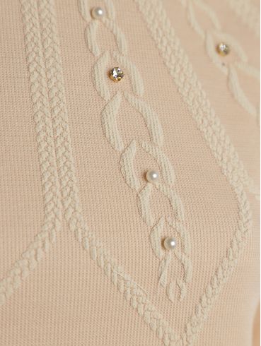 Blusa Tricot Gola Média Com Pérolas Feminina BEGE