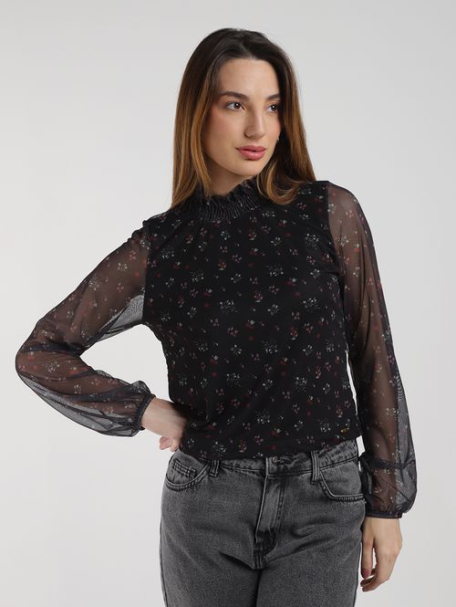 Blusa Tule Manga Longa Feminina PRETO