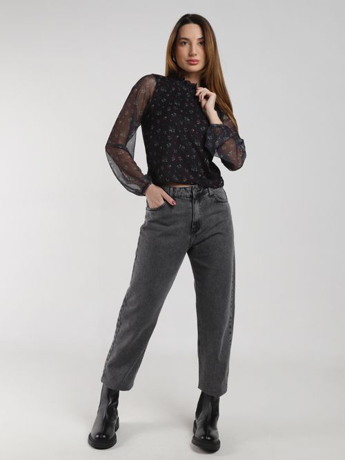 Blusa Tule Manga Longa Feminina PRETO