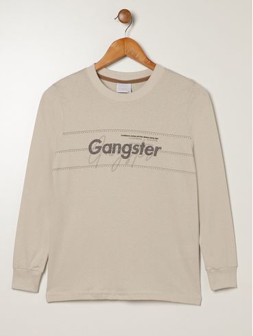 Camiseta Manga Longa Gangster Juvenil Para Menino- BEGE