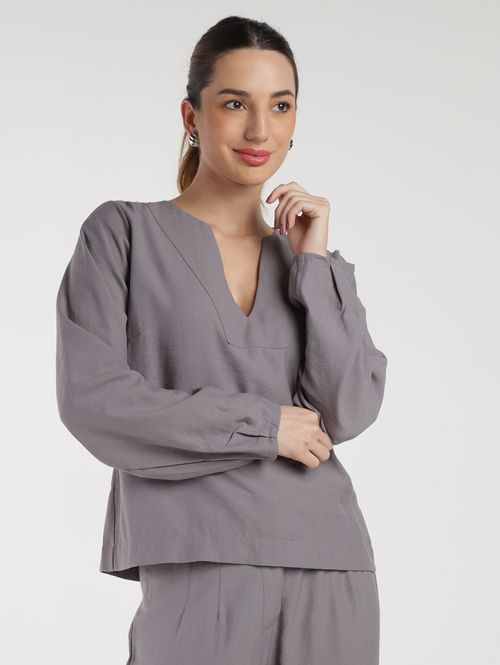 Blusa Manga Longa Alfaiataria Feminina CINZA