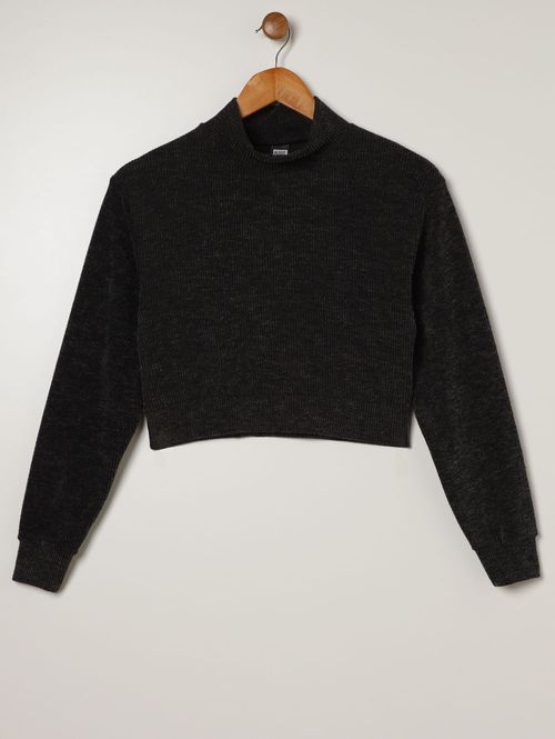 Blusão Tricot Cropped Juvenil Para Menina - PRETO