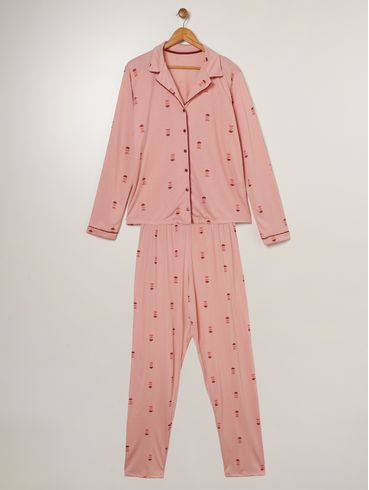 Pijama Americano Estampado Plus Size Feminino VINHO/ROSE