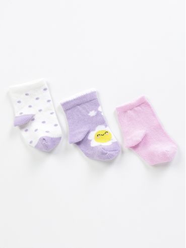 Kit com 03 Meias Infantil Para Bebê- Lilás/Rosa/Off White