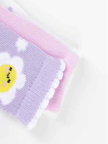 Kit com 03 Meias Infantil Para Bebê- Lilás/Rosa/Off White
