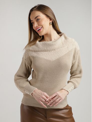 Blusão Tricot Bicolor Gola Alta Feminino AREIA