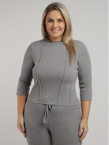 Blusa Tricot Gola Alta Plus Size Feminina CINZA
