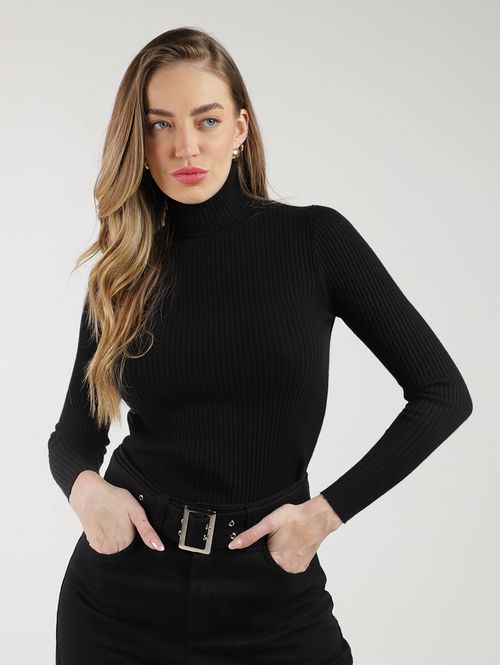 Blusa Tricot Manga Longa Gola Alta Feminina PRETO