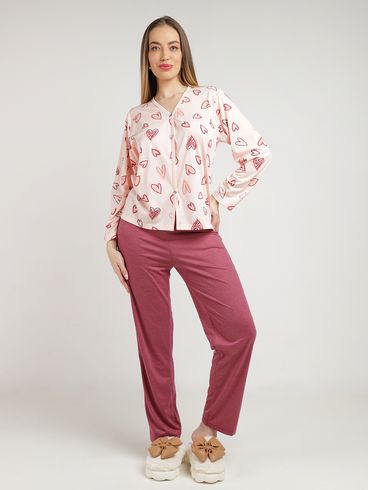 Pijama Longo Americano Feminino CORAL/BORDO