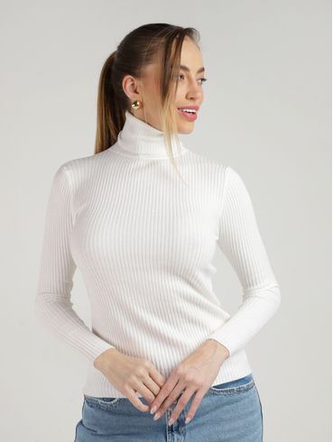 Blusa Tricot Manga Longa Gola Alta Feminina BRANCO